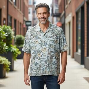 Caribbean Joe Men’s Blue & Brown Floral Cigar Short Sleeve Button Shirt Size XL